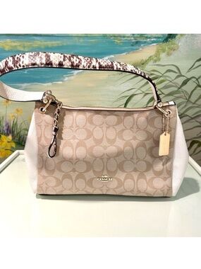 COACH Mia Beige and Chalk/Cream Signature Bag with Animal Print Handle